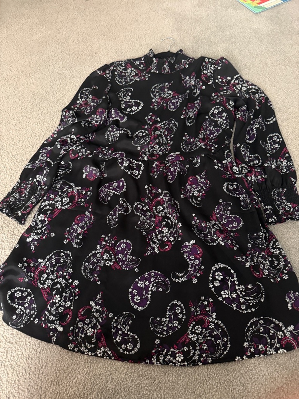 LOFT  size 14  Black Paisley Long-Sleeve Dress with Purple and Pink Accents